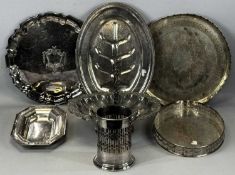 ASSORTED PLATED WARE, including an oval EPNS meat plate with gravy well and plattened decoration, 42