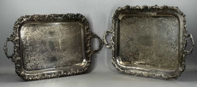 TWO RECTANGULAR TWO-HANDLED TEA TRAYS, Marlboro plate with shell chased decoration to the border,