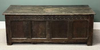 ANTIQUE JONED OAK COFFER, hinged plank top over scroll carved top rail and quadruple panel front, 58