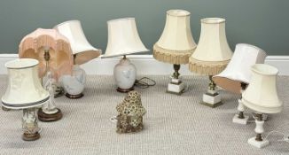ASSORTMENT OF DECORATIVE TABLE LAMPS, including alabaster and gilt metal pair with fringed fabric