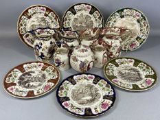 MASON'S PATENT IRONSTONE, six 25cms (diam.), six blue Mandalay and Mandalay red jugs, and a Royal