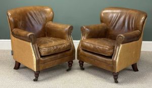PAIR OF BROWN HIDE & CANVAS UPHOLSTERED CLUB CHAIRS, with studded detail, short turned frontal