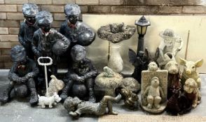 ASSORTED CONCRETE GARDEN ORNAMENTS, including figures of boys, bird bath, animals, etc.