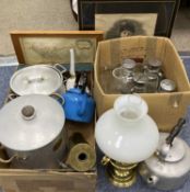 ASSORTED COLLECTABLES, including brass oil lamp with opaque glass shade, four metal hurricane lamps,