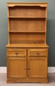 MODERN LIGHT BEECH DRESSER, with boarded plate rack back over two drawers and double cupboards,