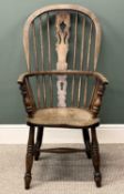 19TH CENTURY ELM & BEECH WINDSOR CHAIR with pierced splat and rail back, shaped solid seat, turned