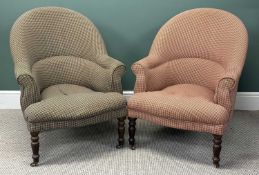 TWO VICTORIAN STYLE TUB CHAIRS, black and cream/pink and cream dogtooth upholstery, turned frontal