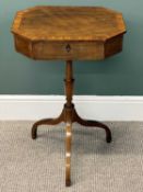 19TH CENTURY ROSEWOOD & MAHOGANY SEWING TABLE, octagonal hinged lid, turned column to the down swept