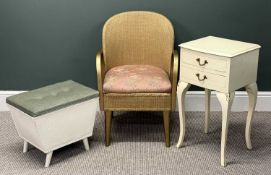 FURNITURE PARCEL, comprising Lloyd Loom type bedroom chair, cream painted two-drawer bedside