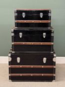 GRADUATED SET OF THREE DECORATIVE STORAGE TRUNKS, vintage style with black faux crocodile