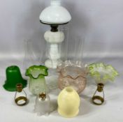 MILK GLASS OIL LAMP, conical opaque glass shade, with various other glass shades and chimneys
