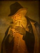 GEORGE HOM (German, 1838-1911) colour print - entitled 'An Old Man Lighting a Pipe', 74 x 57cms