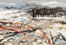 ‡ GERAINT DODD mixed media on canvas - entitled verso 'Melting Snow' on Ffin Y Parc Gallery label,