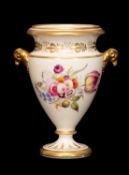 SWANSEA PORCELAIN VASE circa 1814-1826, twin ram head handles, duck-egg porcelain, flower spray to