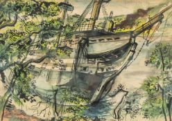 ‡ SELWYN JONES (1928-1998) pen and colour wash - entitled verso, 'HMS Conway on the Rocks-Menai