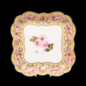 NANTGARW PORCELAIN SQUARE DISH circa 1813-1820, elaborate gilding, cartouches of centred open pink