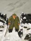 ‡ OWEN MEILIR (b.1954) oil on card - farmer and sheepdog walking through the snow, signed, 35 x