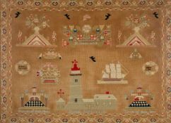 INTERESTING BELIEVED PORTHMADOG SAMPLER 1860s, worked with titled depictions of 'Bardsey