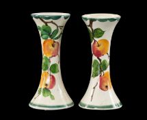 PAIR OF LLANELLY POTTERY VASES decorated with branches of fruit by Shufflebotham circa 1914,