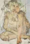 ‡ ANNIE GILES HOBBS (b.1949) mixed media - portrait of a seated figure, signed, 87 x 60cms