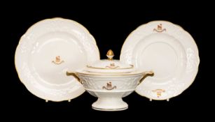 SWANSEA PORCELAIN SAUCE TUREEN & STAND circa 1814-1826, upturned gilded handles, crest for Bruce-