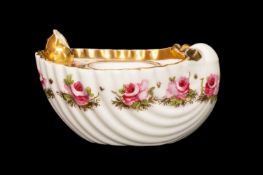 SWANSEA PORCELAIN INKWELL circa 1814-1826, shell form, open pink roses sequence, stencilled iron-red