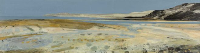 ‡ SARAH THWAITES (b.1959) acrylic on board - entitled verso, 'Traeth Coch, Anglesey' on Oriel