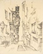 ‡ JOHN UZZELL EDWARDS (1934-2014) ink on paper - alley near the Tudor Mansion House, Tenby, signed