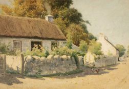 ‡ JOHN McDOUGAL (1852-1946) watercolour - thatched cottage with figures and feeding poultry,