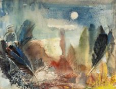 ‡ RAY HOWARD-JONES (1903-1996) watercolour - moon and feathers, circa 1980s, 43 x 56cms