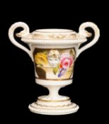 RARE SWANSEA PORCELAIN SMALL TWIN-HANDLED POTPOURRI VASE, circa 1814-1826, elevated swan handles and