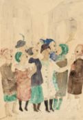 ‡ VERA BASSETT (1912-1997) watercolour - a group of ladies singing in the street, signed, 54 x 37cms