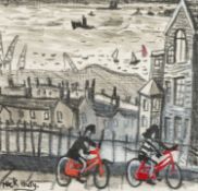 ‡ NICK HOLLY (b.1968) mixed media - cyclists with Swansea docklands in the background, signed, 16