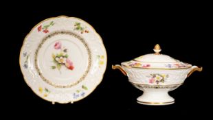 SWANSEA PORCELAIN SAUCE TUREEN & STAND circa 1814-1826, moulded body, upturned twin handles, handles