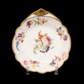 SWANSEA PORCELAIN FAN-HANDLED DISH circa 1814-1826, David Evans decorated, solid gilt rim, fan