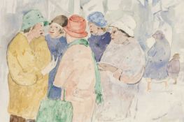 ‡ VERA BASSETT (1912-1997) watercolour - a group of ladies in conversation, signed, 36 x 54cms