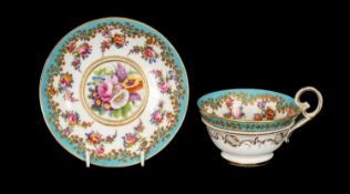 FINE NANTGARW PORCELAIN TEACUP & SAUCER, circa 1813-1820, with beaded border between pale blue