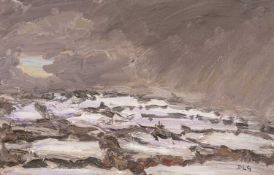 ‡ DAVID LLOYD GRIFFITH (b. 1956) oil on card - storms looming over large mountainous landscape,