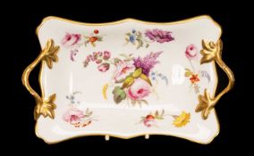SWANSEA PORCELAIN TWIG-HANDLED DISH circa 1814-1826, solid gilt rim, solid gilt to handles, large