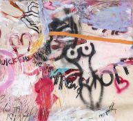 SUE WILLIAMS acrylic and oil on canvas - entitled, 'Avesta Art', inscribed and dated verso 2000, 166