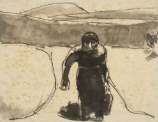 ‡ JOSEF HERMAN OBE RA (1911-2000) ink and wash on paper - figure walking along a path carrying a