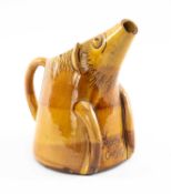 EWENNY SLIPWARE POTTERY ZOOMORPHIC JUG, yellow and brown glaze, inscribed 'Y Mochyn Gwyllt / The
