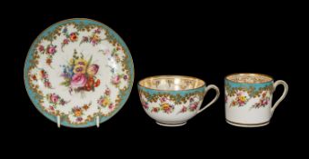 FINE NANTGARW PORCELAIN TRIO, circa 1813-1820, painted with bright blue border, raised gilt and