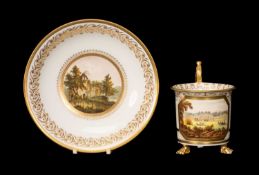SWANSEA PORCELAIN CABINET CUP & ASSOCIATED STAND circa 1814-1820, topographical scenes to both, with