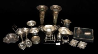 ASSORTED ANTIQUE SILVERWARE, including two pairs of table salts, five-bar toast rack, two posy
