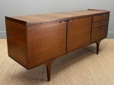 MID-CENTURY MEREDEW TEAK SIDEBOARD, central drinks cabinet with melamine-topped U-shaped shelf