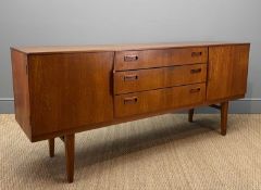 BEAUTILITY MID-CENTURY TEAK SIDEBOARD, central stack of three graduated drawers, scalloped