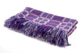 VINTAGE TRADITIONAL WELSH WOOLEN BLANKET with purple, blue geometric design, with corresponding