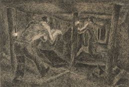 ‡ GEORGE BISSILL (1896-1973) pen and ink - two coal miners working underground, unsigned, 17 x 25cms