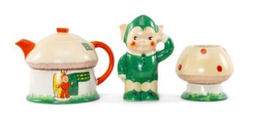 MABEL LUCIE ATTWELL FOR SHELLEY BOO-BOO THREE PIECE TEA SERVICE comprising toadstool house teapot,